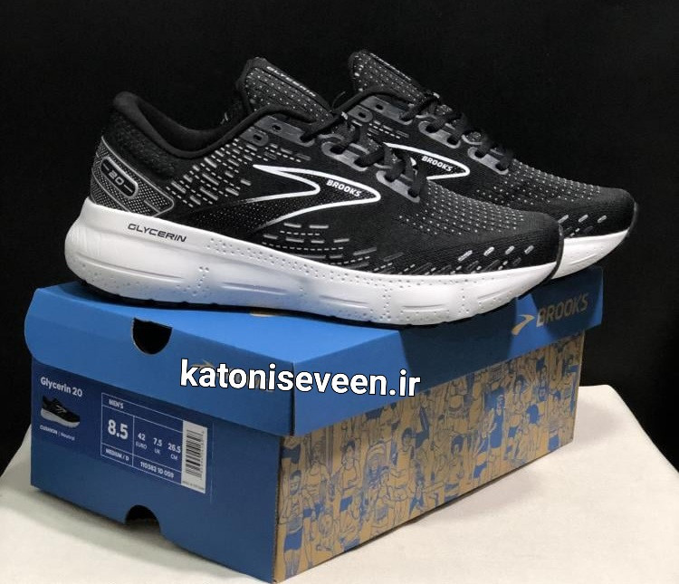 نمای کلی کتونی Brooks Glycerin 20 مشکی زیره سفید سایز ۴۵ اصلی ویتنام